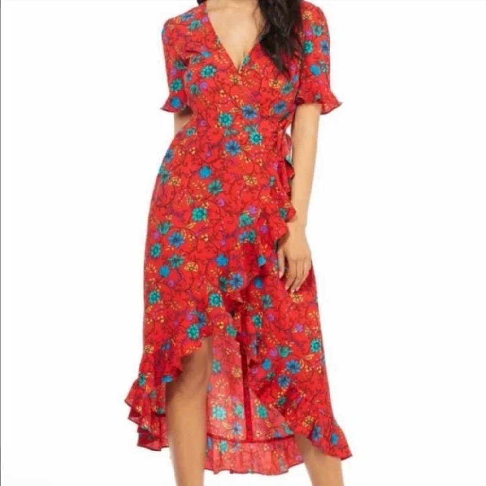 London Style Floral Red Flower Wrap Dress